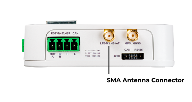 Kilo 側面：LTE-M / NB-IoT 表示と SMA コネクタ位置